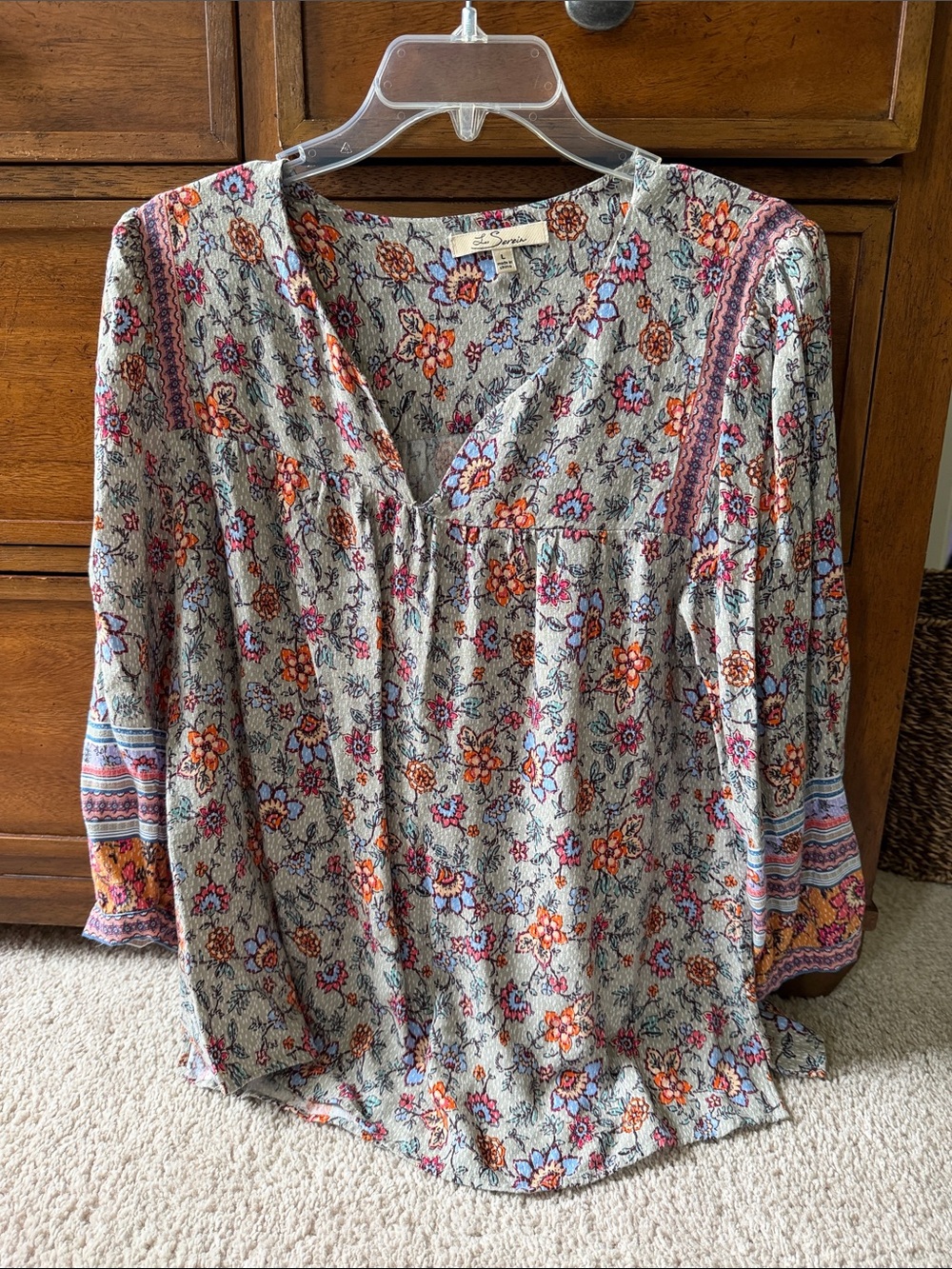 Les Serein Cream Floral V-Neck Peasant Blouse with Orange & Blue Accents